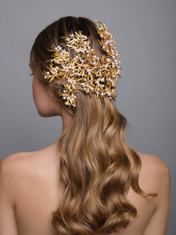 Under The Olive Tree 7 Gold Wedding Headpiece With Pearls And Brass