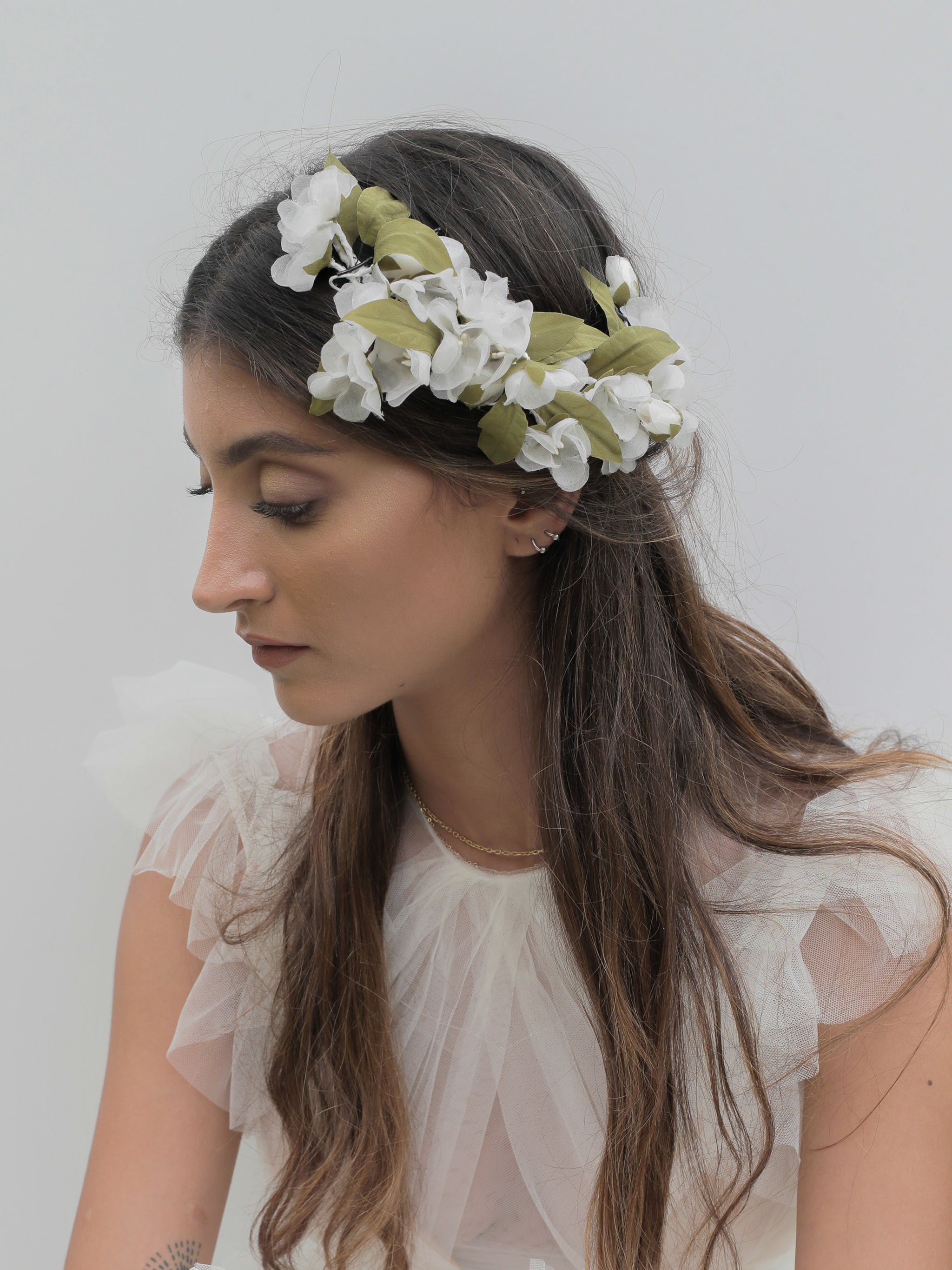Handmade White Beaded Floral Headpieces Hand Beaded Off-white Floral Headband for Flower Girls  main image 3