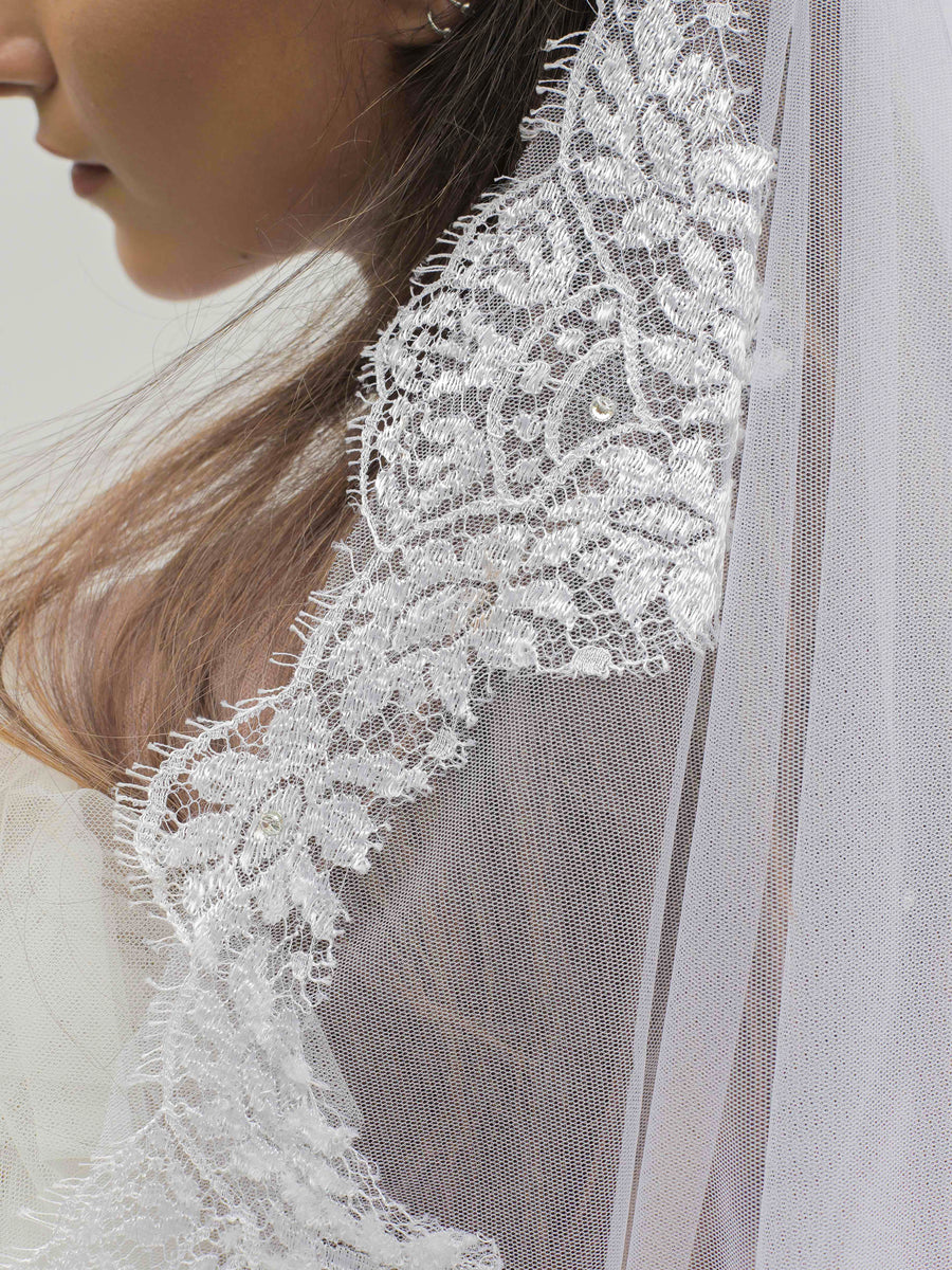aura headpieces bridal veil white flower lace details bride wedding