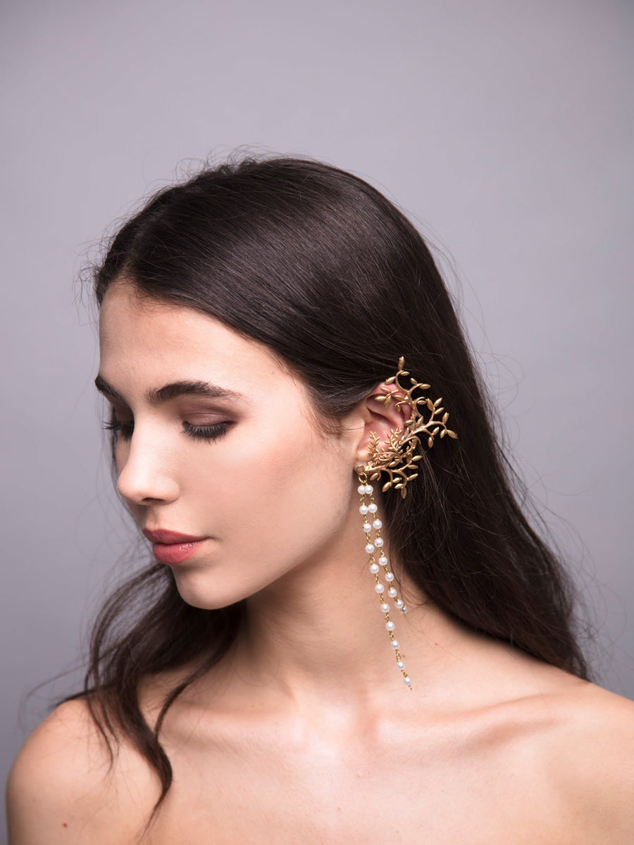 Gypsofilia 6 Wedding Bronze Ear cuff With Pearls And Brass