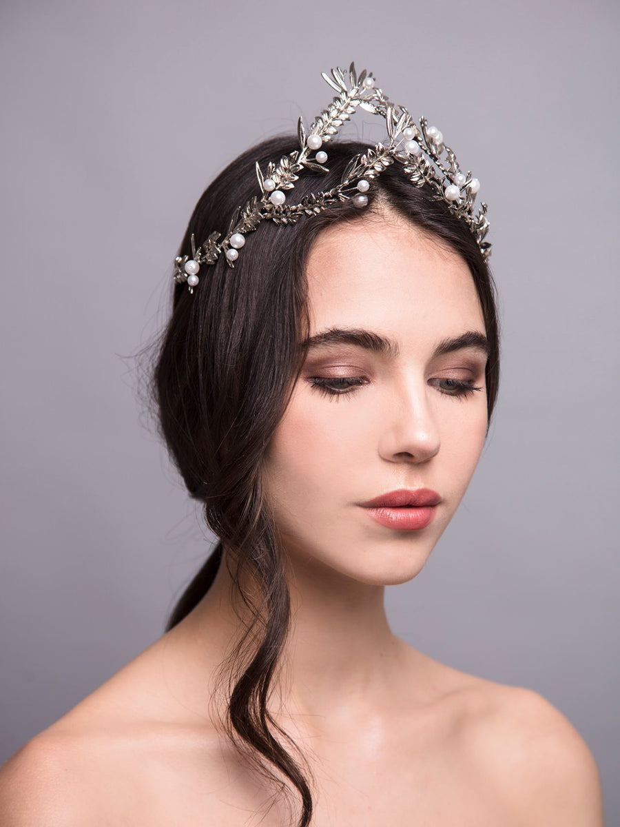 Under The Olive Tree 14 Silver Wedding Headpiece With Pearls And Brass